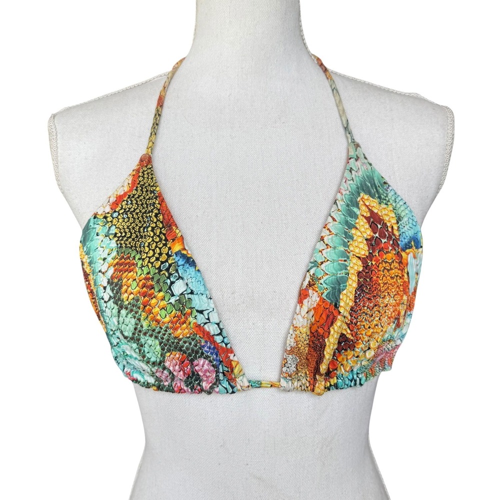 Luli Fama Womens Multi Color Snakeskin Scale Print Triangle‎ Bikini Top Halter